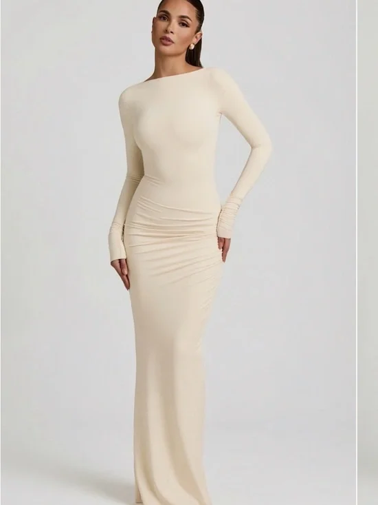 Women's Long Sleeve Cream Bodycon Maxi Dress - Picture 1 of 3